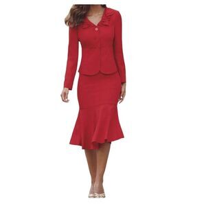 Monroe & Main Romantic Ruffle Suit Red Trumpet Skirt Set Office Cocktail Brunch